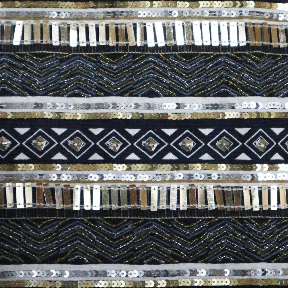 Navy, White, and Gold Sequined and Beaded Striped Mini Skirt - Picture 3 of 10